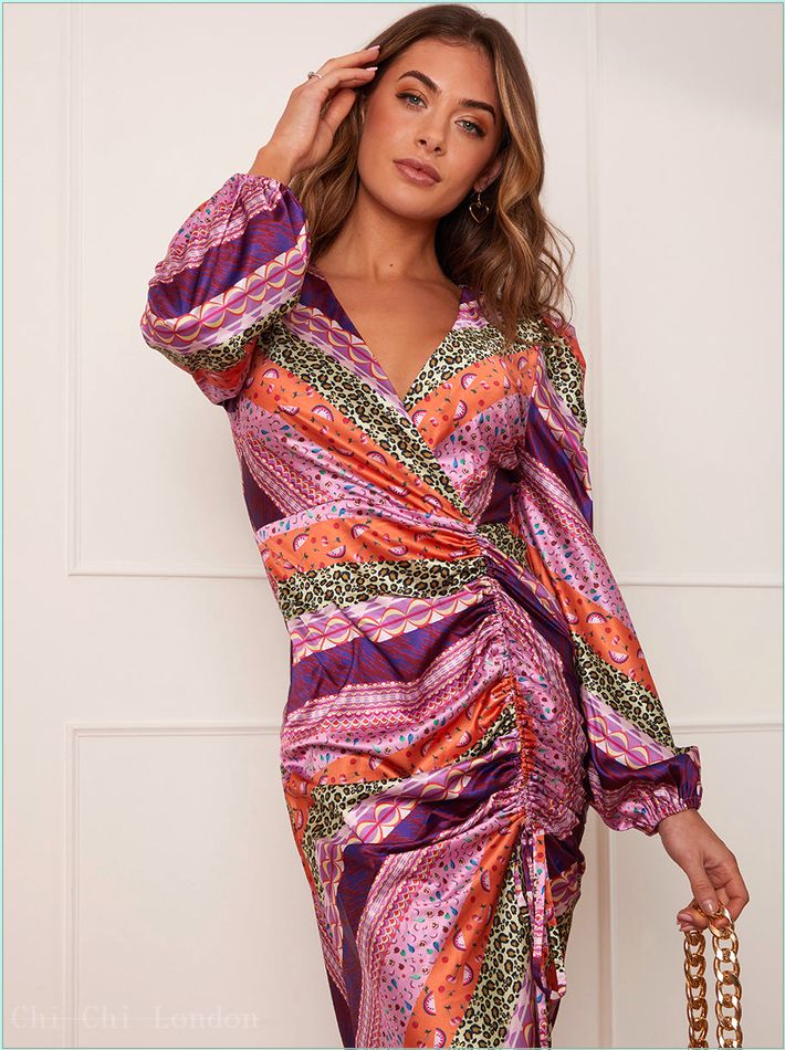  Long Sleeve Abstract Print Wrap Dress in Purple KH196MU