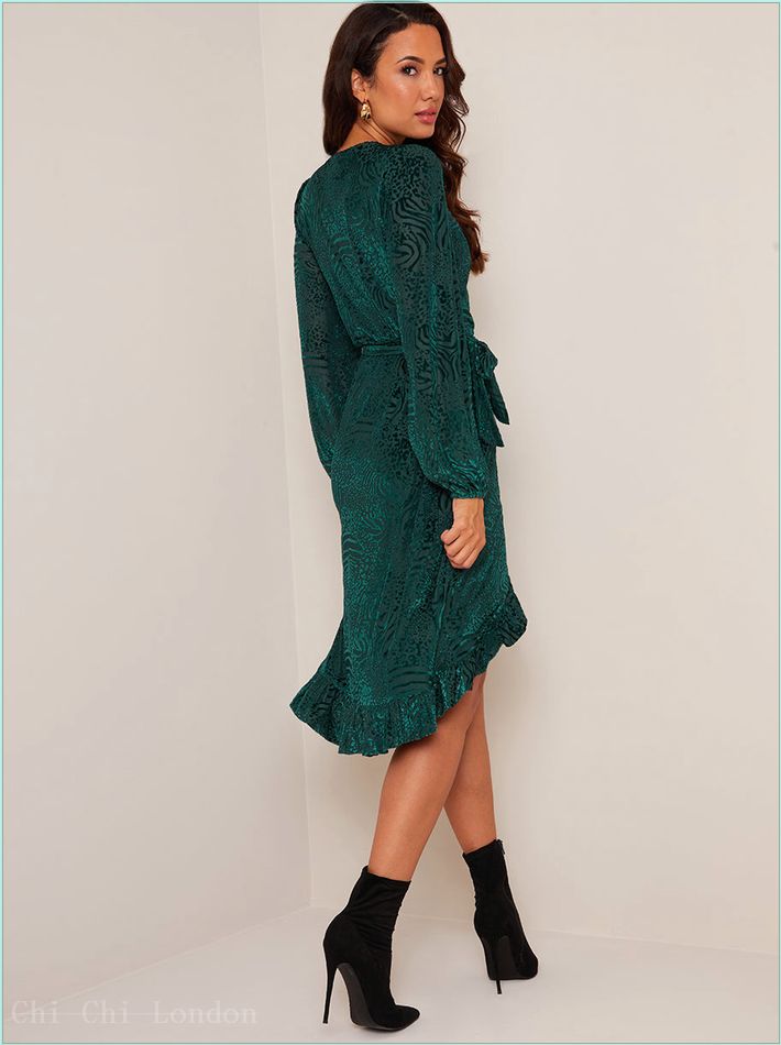  Long Sleeve Animal Print Devore Wrap Dress in Green SM00017GN