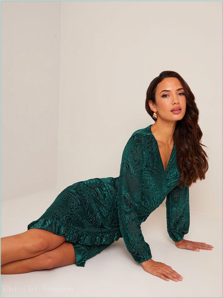  Long Sleeve Animal Print Devore Wrap Dress in Green SM00017GN