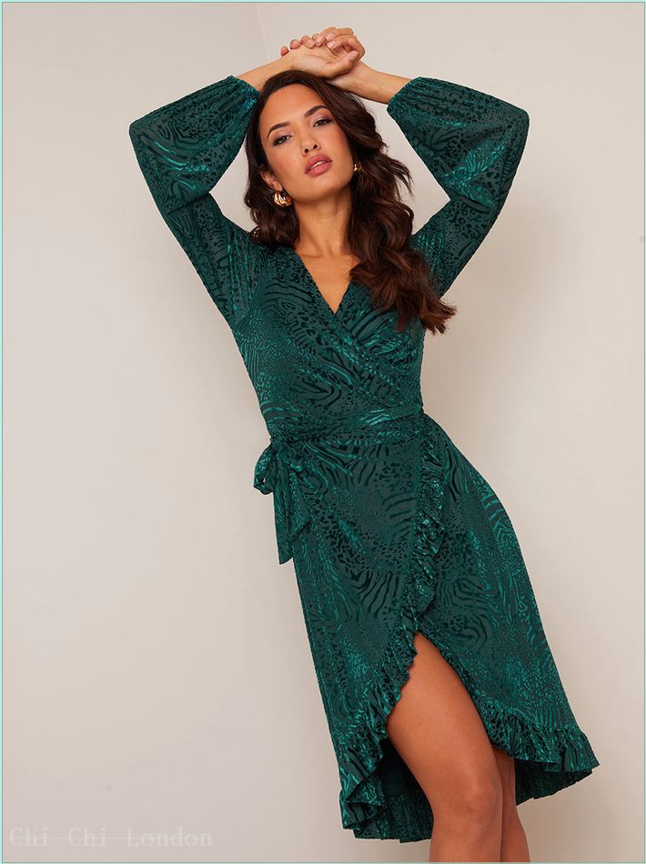  Long Sleeve Animal Print Devore Wrap Dress in Green SM00017GN