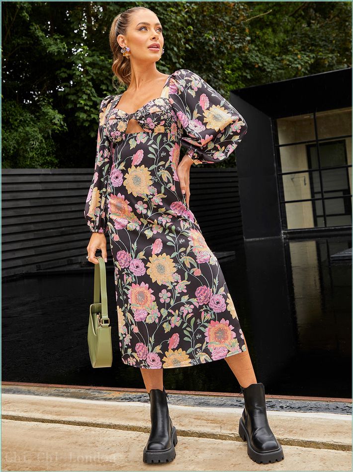  Long Sleeve Cut-Out Detail Floral Print Midi Dress in Black CT09BK