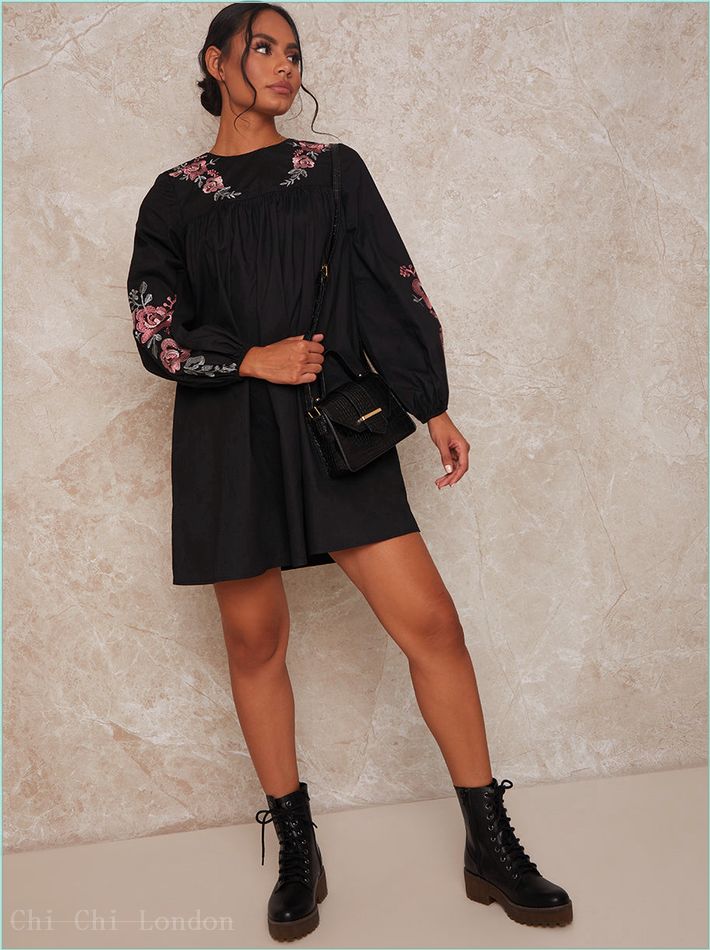  Long Sleeve Embroidered Detail Mini Day Dress in Black 53210BK