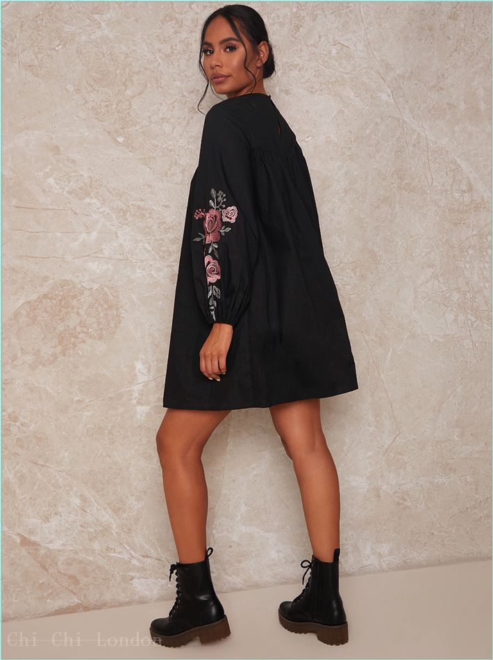  Long Sleeve Embroidered Detail Mini Day Dress in Black 53210BK