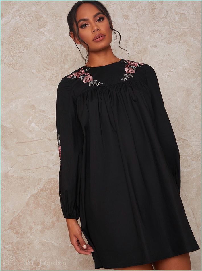  Long Sleeve Embroidered Detail Mini Day Dress in Black 53210BK