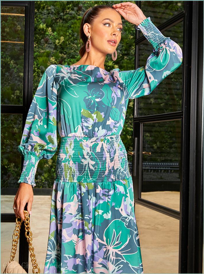  Long Sleeve Floral Abstract Print Midi Dress in Green CT210GN