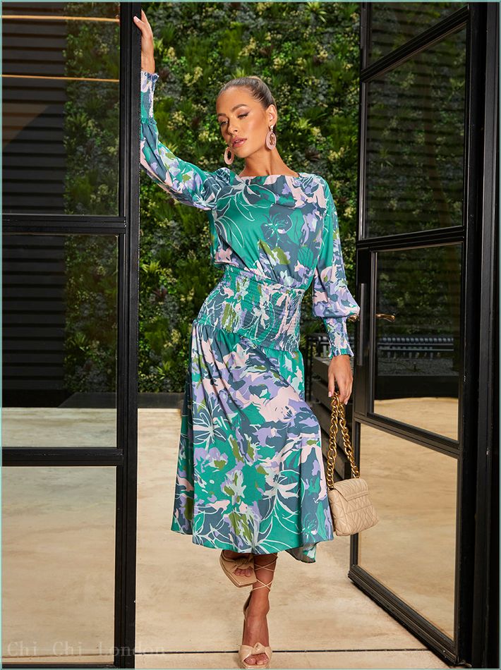  Long Sleeve Floral Abstract Print Midi Dress in Green CT210GN