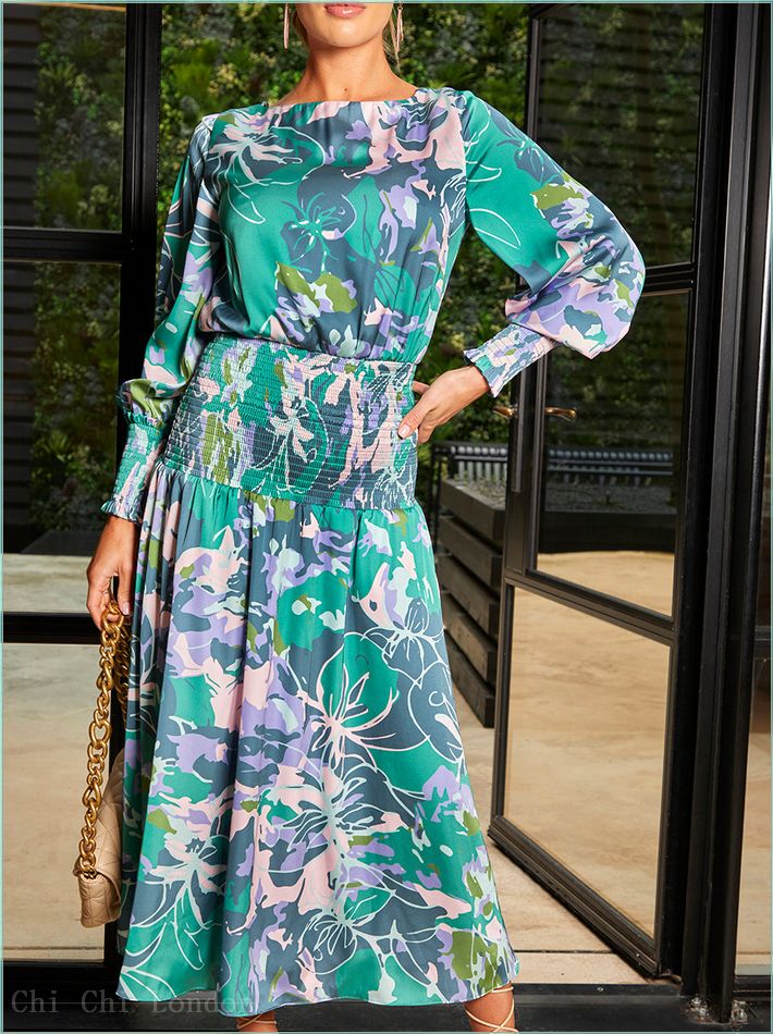  Long Sleeve Floral Abstract Print Midi Dress in Green CT210GN