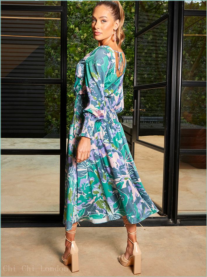  Long Sleeve Floral Abstract Print Midi Dress in Green CT210GN