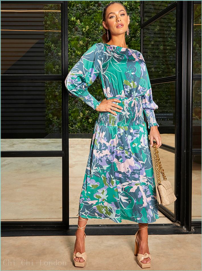  Long Sleeve Floral Abstract Print Midi Dress in Green CT210GN