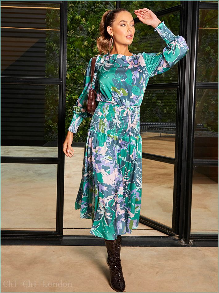  Long Sleeve Floral Abstract Print Midi Dress in Green CT210GN