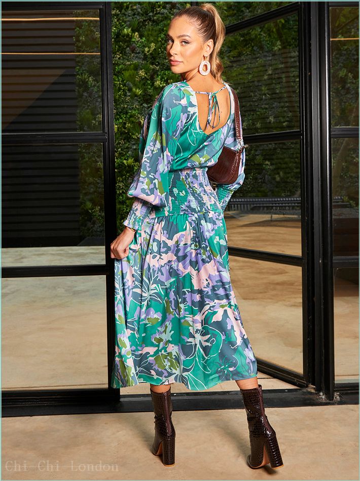  Long Sleeve Floral Abstract Print Midi Dress in Green CT210GN