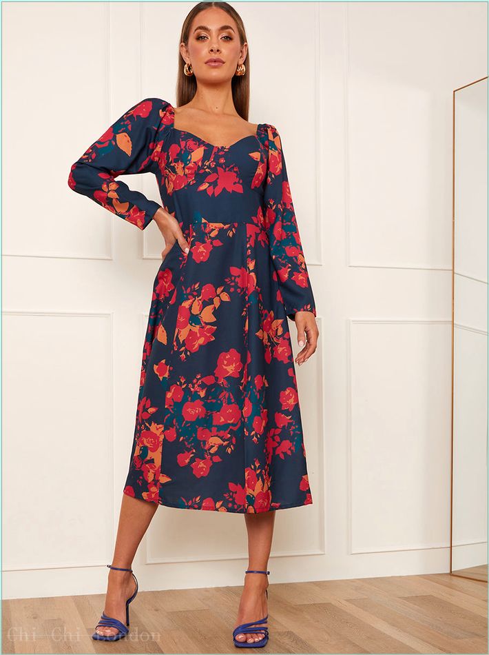  Long Sleeve Floral Midi Dress in Navy DRS17NB