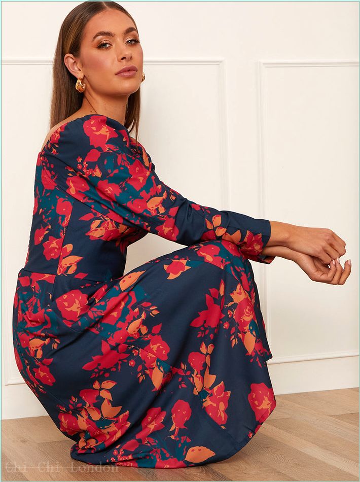  Long Sleeve Floral Midi Dress in Navy DRS17NB