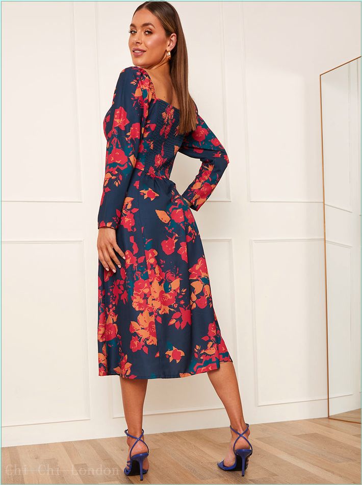  Long Sleeve Floral Midi Dress in Navy DRS17NB