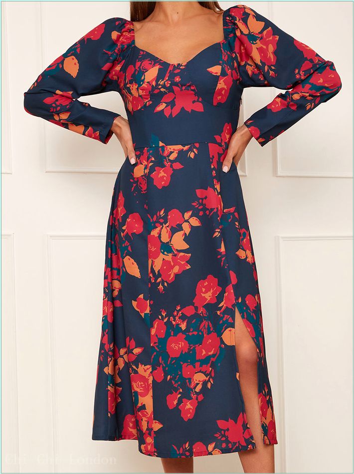  Long Sleeve Floral Midi Dress in Navy DRS17NB