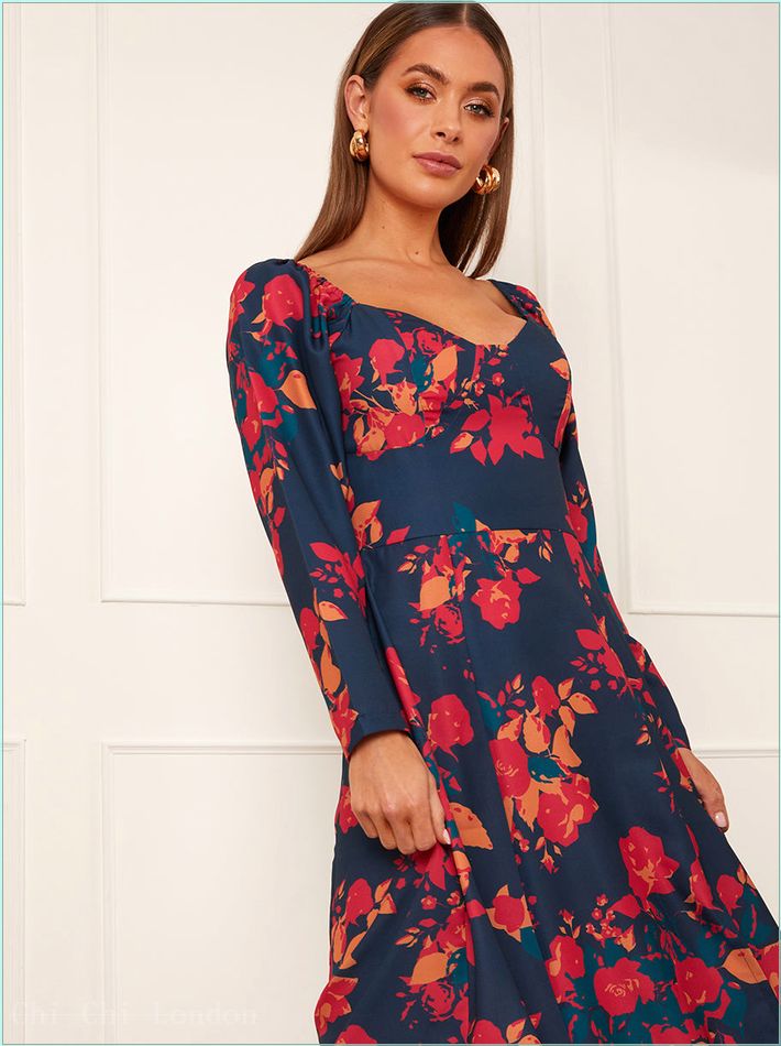  Long Sleeve Floral Midi Dress in Navy DRS17NB