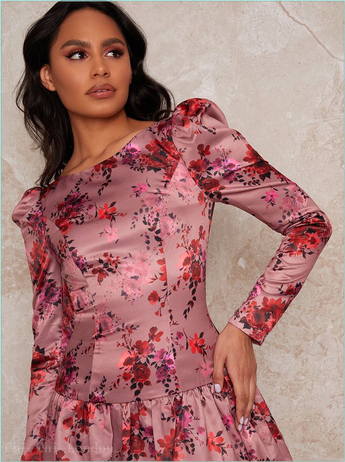  Long Sleeve Floral Print Mini Dress in Pink 30170PI