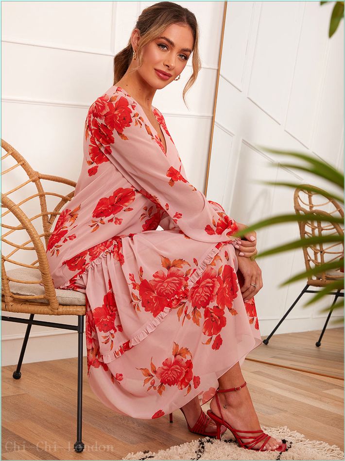  Long Sleeve Floral Printed Midi Dress in Pink 71237PI