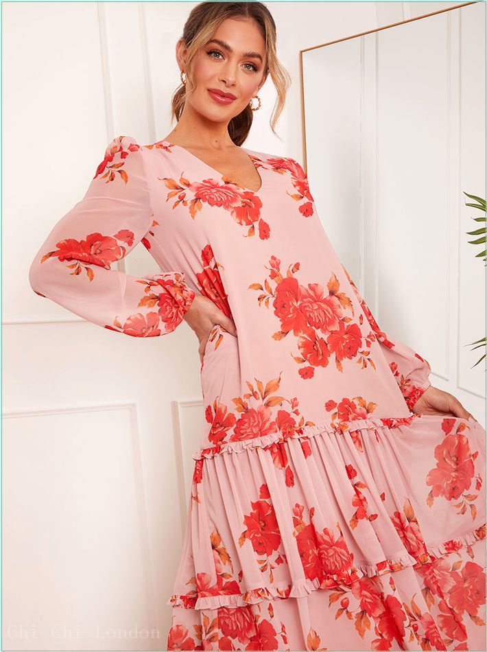  Long Sleeve Floral Printed Midi Dress in Pink 71237PI