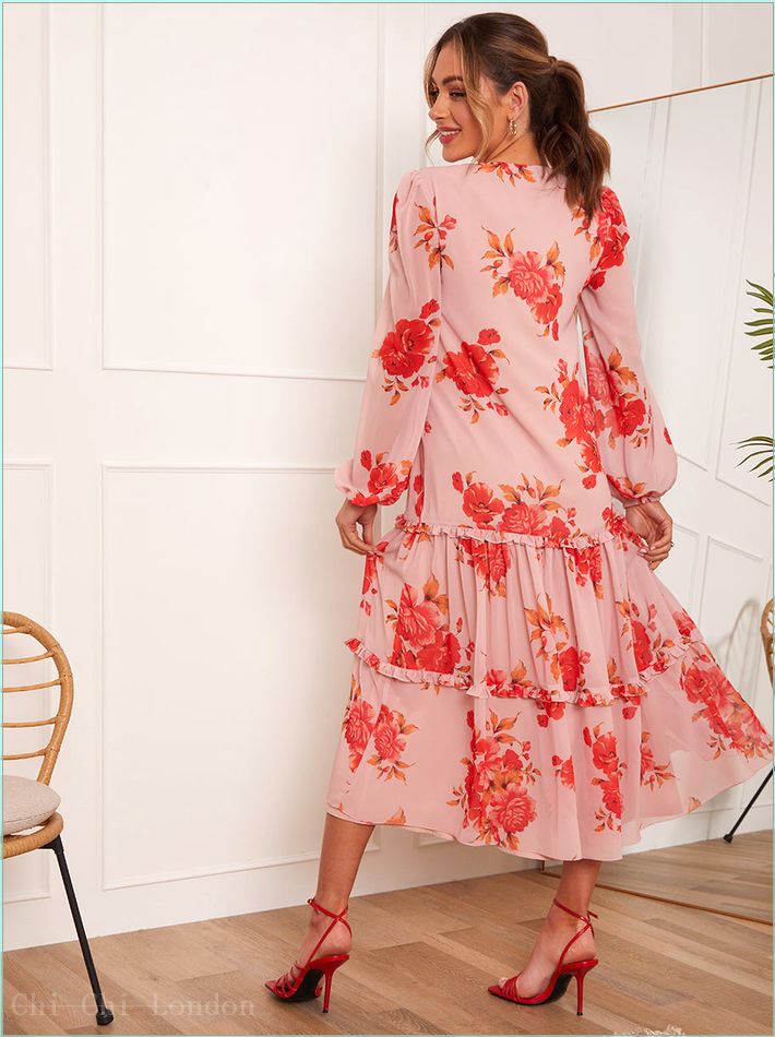  Long Sleeve Floral Printed Midi Dress in Pink 71237PI