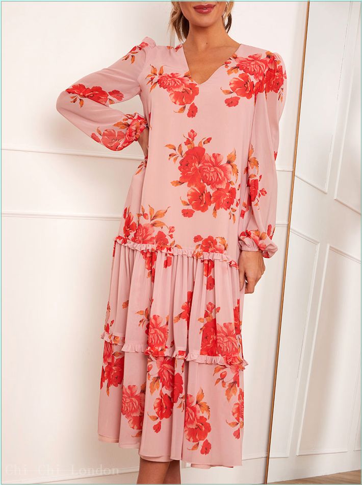  Long Sleeve Floral Printed Midi Dress in Pink 71237PI