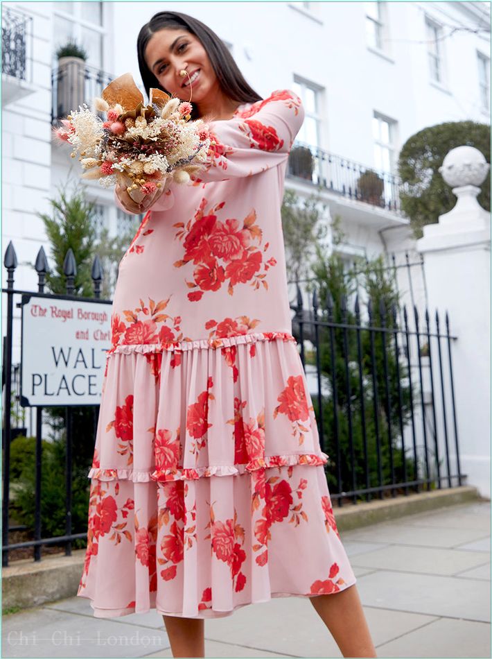  Long Sleeve Floral Printed Midi Dress in Pink 71237PI