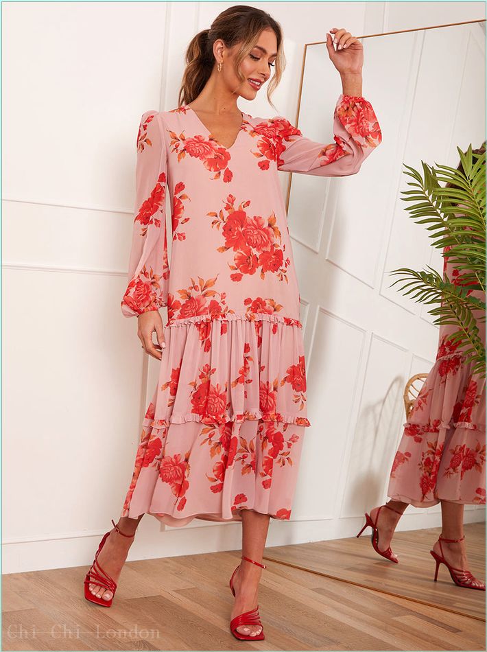  Long Sleeve Floral Printed Midi Dress in Pink 71237PI