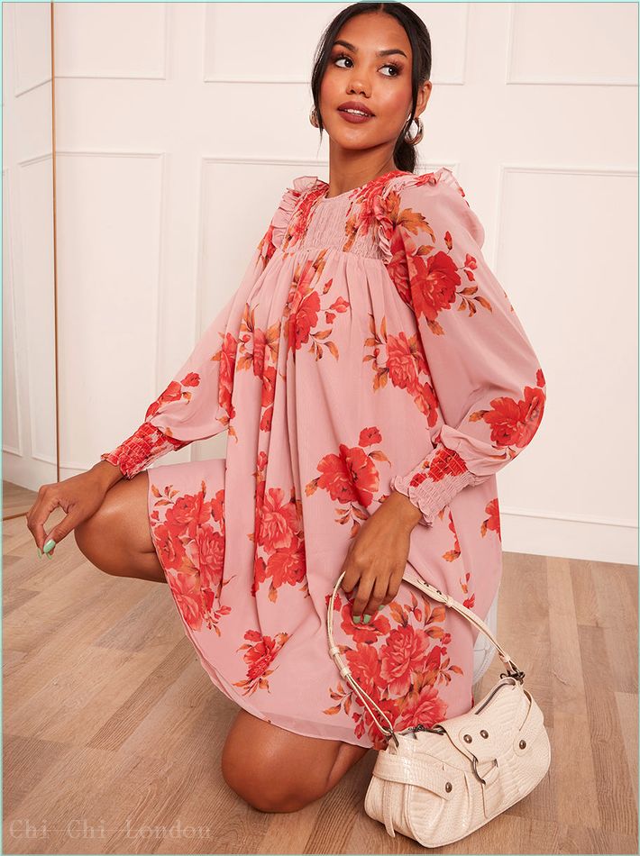  Long Sleeve Floral Printed Mini Dress in Pink 20288LPI