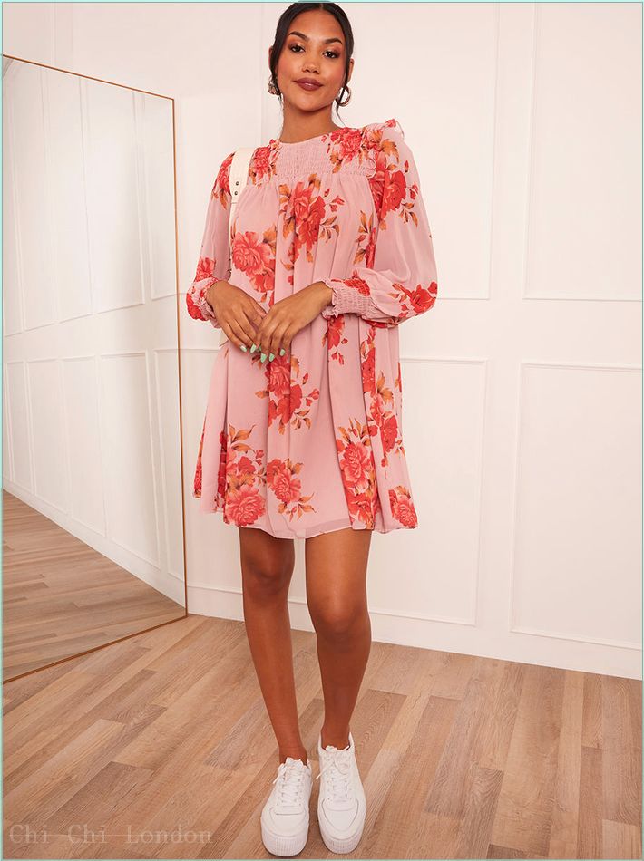  Long Sleeve Floral Printed Mini Dress in Pink 20288LPI