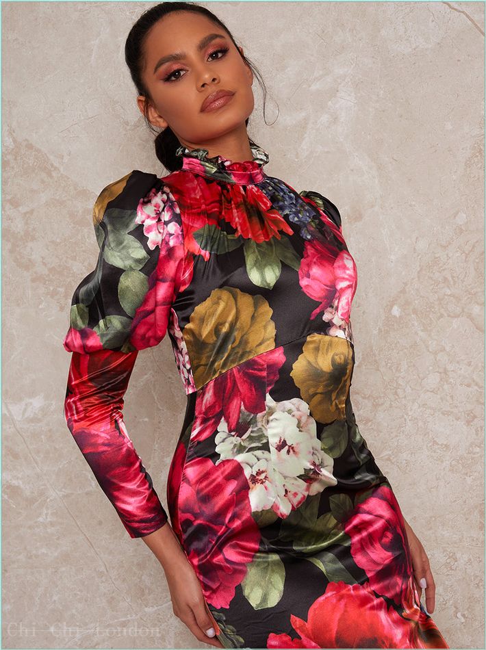  Long Sleeve Floral Puff Shoulder Midi Dress in Multi 80630BK