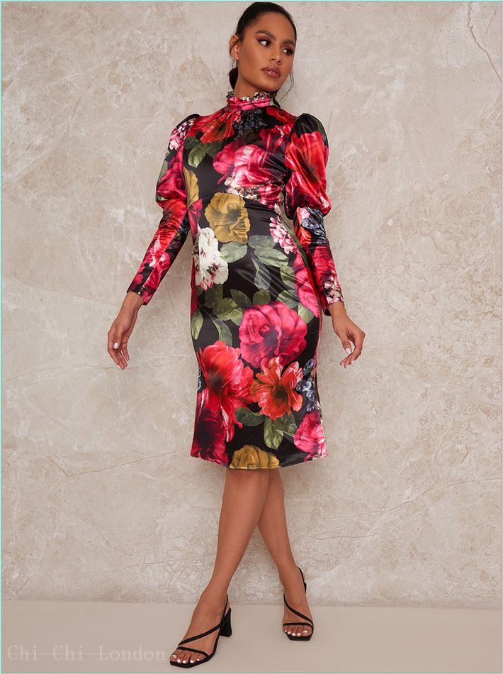  Long Sleeve Floral Puff Shoulder Midi Dress in Multi 80630BK