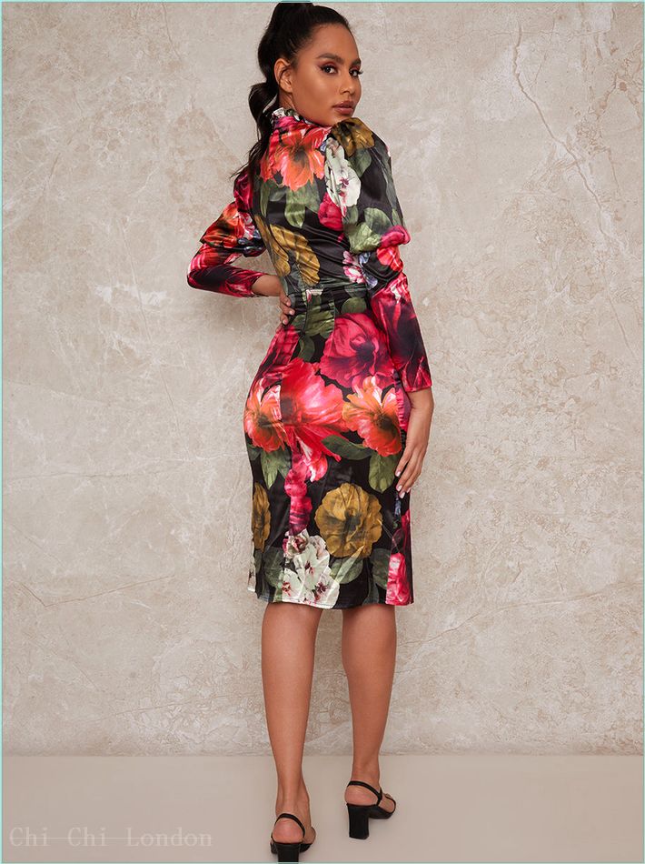  Long Sleeve Floral Puff Shoulder Midi Dress in Multi 80630BK