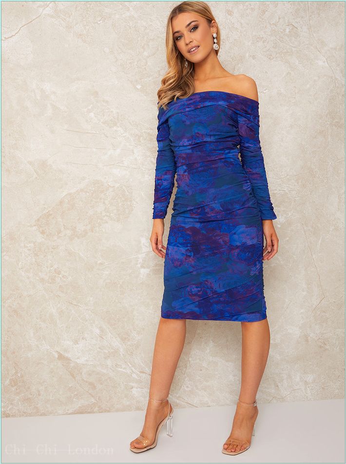  Long Sleeve Floral Ruched Bodycon Midi Dress in Navy 71248BL