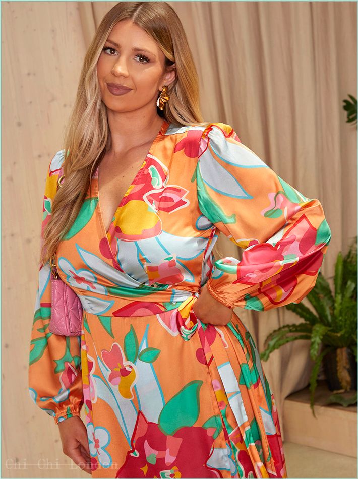  Long Sleeve Floral Wrap Dress in Orange BZ055OR