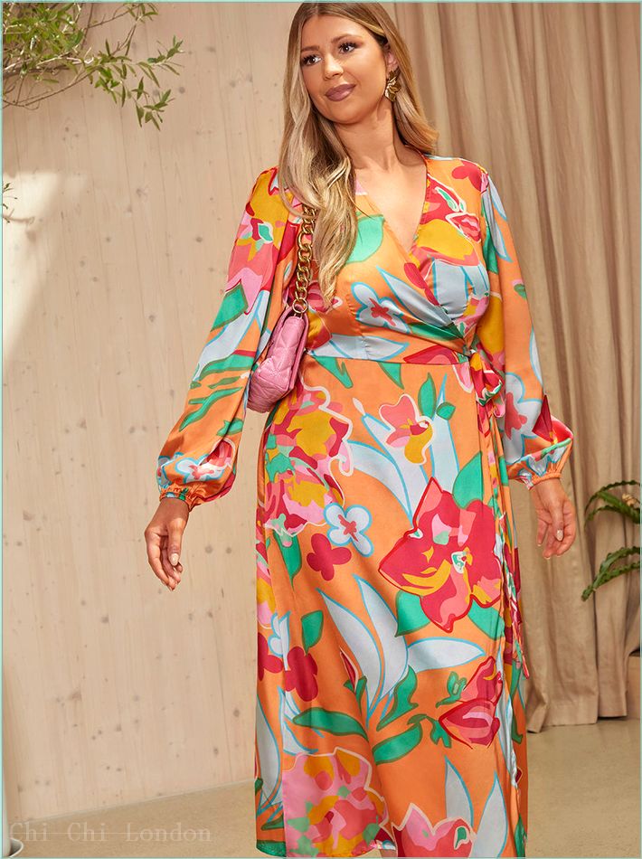  Long Sleeve Floral Wrap Dress in Orange BZ055OR