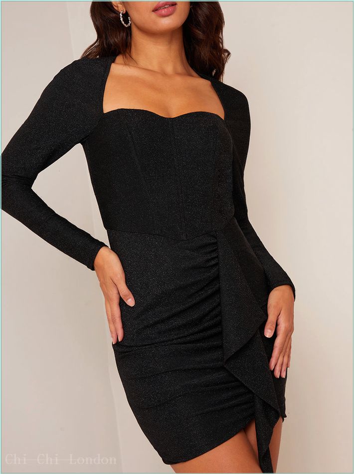  Long Sleeve Glitter Drape Mini Dress in Black 53421BK