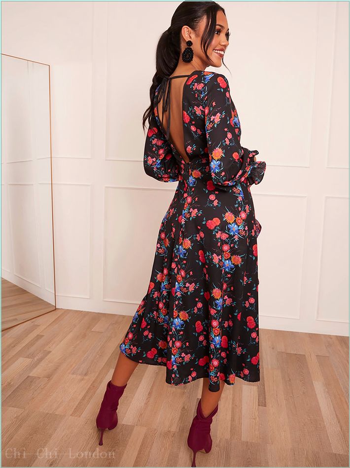  Long Sleeve Plunge Floral Printed Midi Dress in Black 20418BK