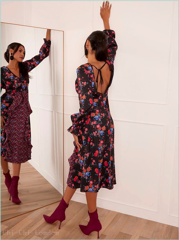  Long Sleeve Plunge Floral Printed Midi Dress in Black 20418BK