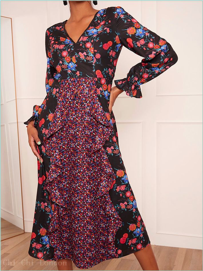  Long Sleeve Plunge Floral Printed Midi Dress in Black 20418BK