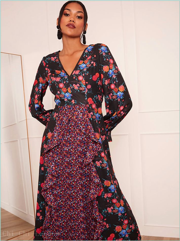  Long Sleeve Plunge Floral Printed Midi Dress in Black 20418BK