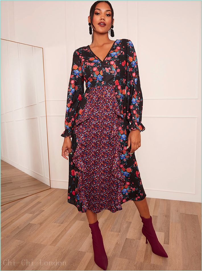  Long Sleeve Plunge Floral Printed Midi Dress in Black 20418BK