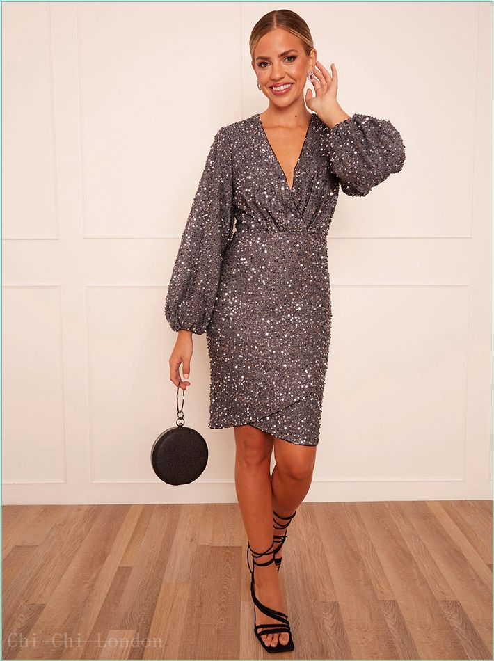  Long Sleeve Plunge Sequin Bodycon Mini Dress in Grey 80883GR