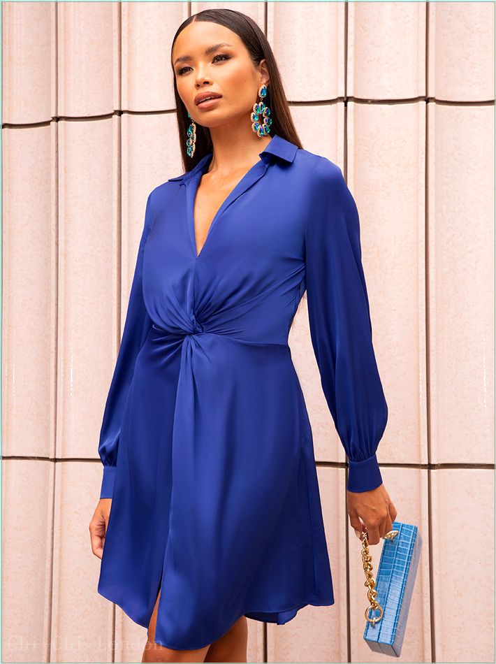  Long Sleeve Plunge Twist Detail Midi Dress in Blue CT21BL