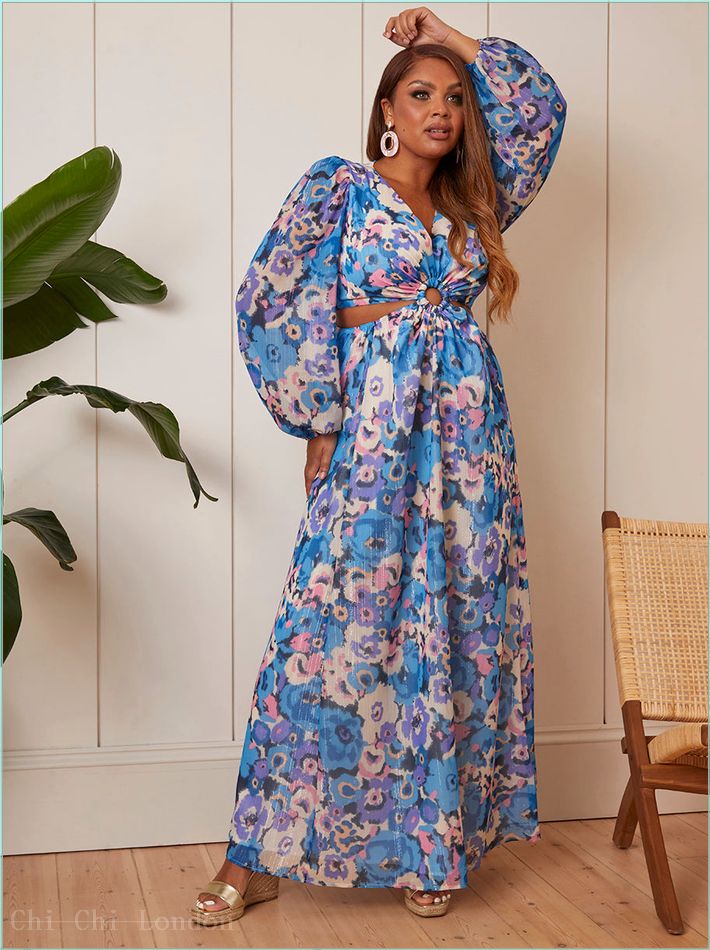  Long Sleeve Ring Detail Floral Maxi Dress in Blue EM090301BL