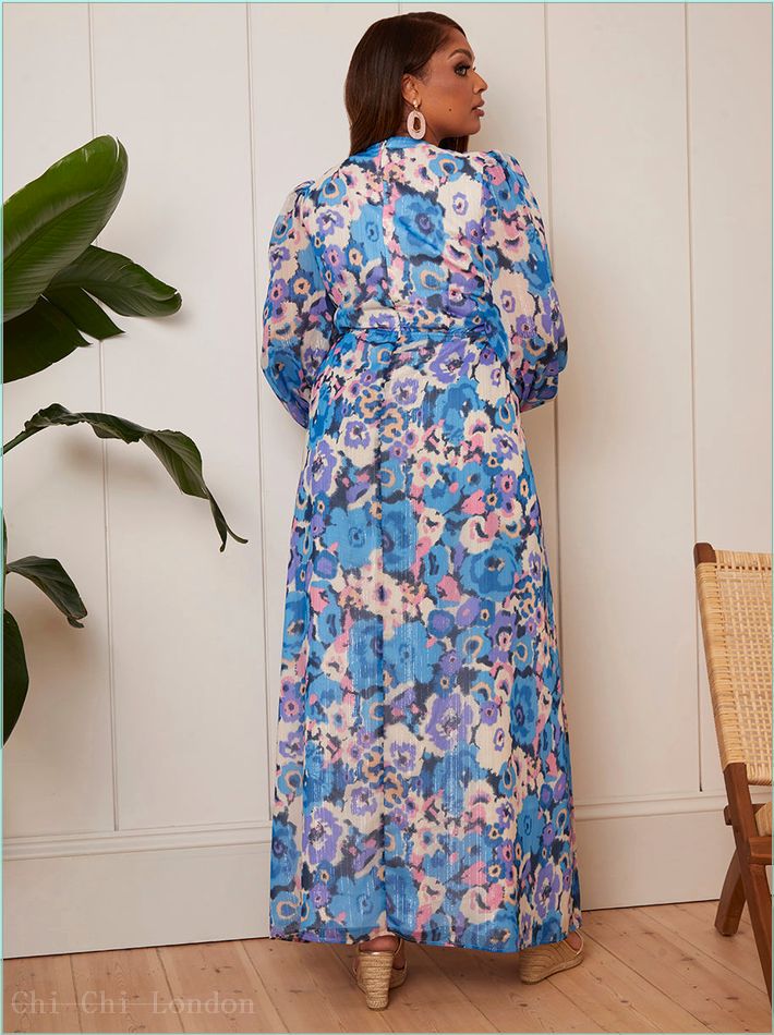  Long Sleeve Ring Detail Floral Maxi Dress in Blue EM090301BL