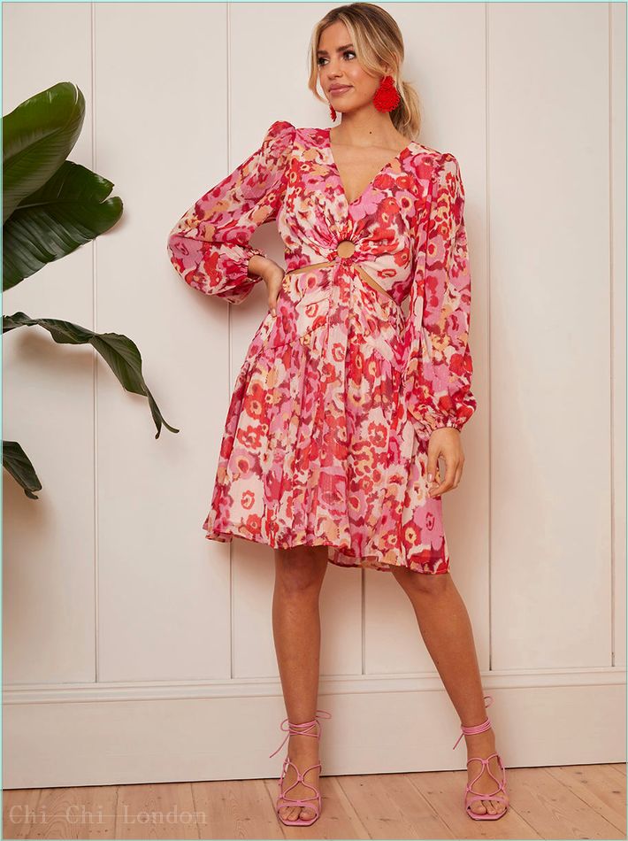  Long Sleeve Ring Detail Floral Mini Dress in Pink EM090302PI