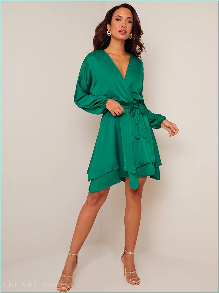  Long Sleeve Satin Wrap Dress in Green CT1063GN