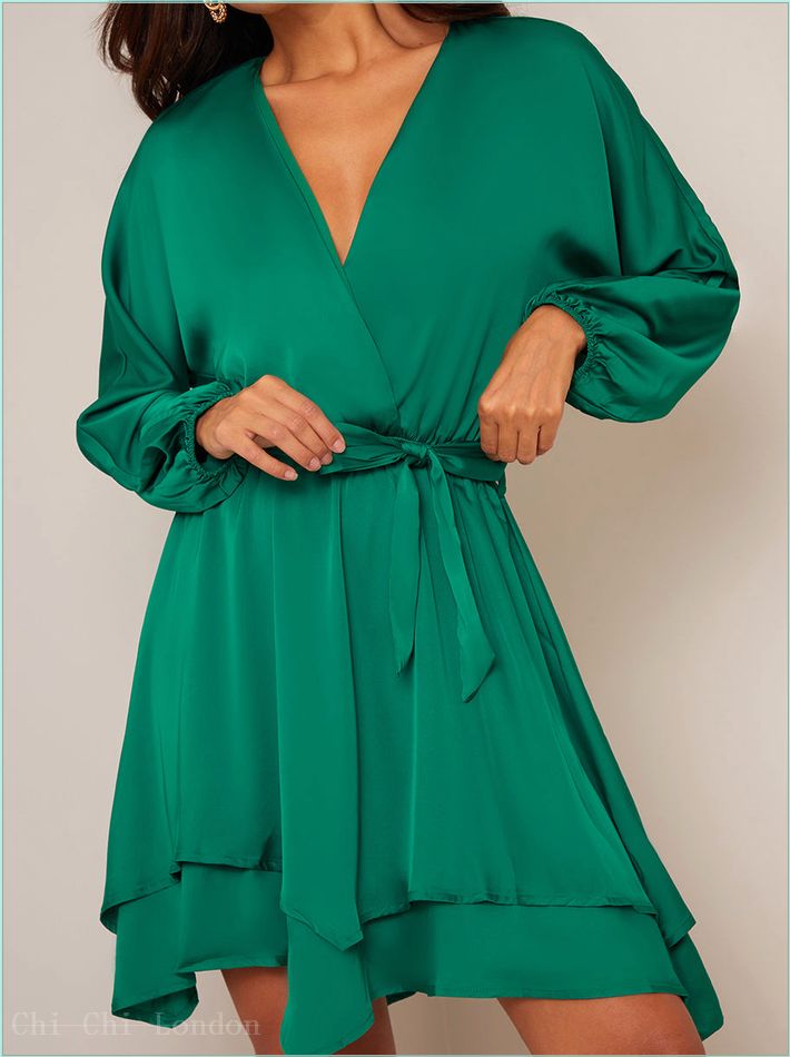  Long Sleeve Satin Wrap Dress in Green CT1063GN