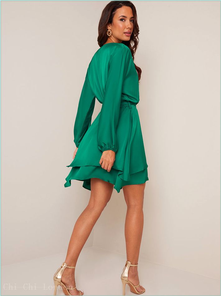  Long Sleeve Satin Wrap Dress in Green CT1063GN