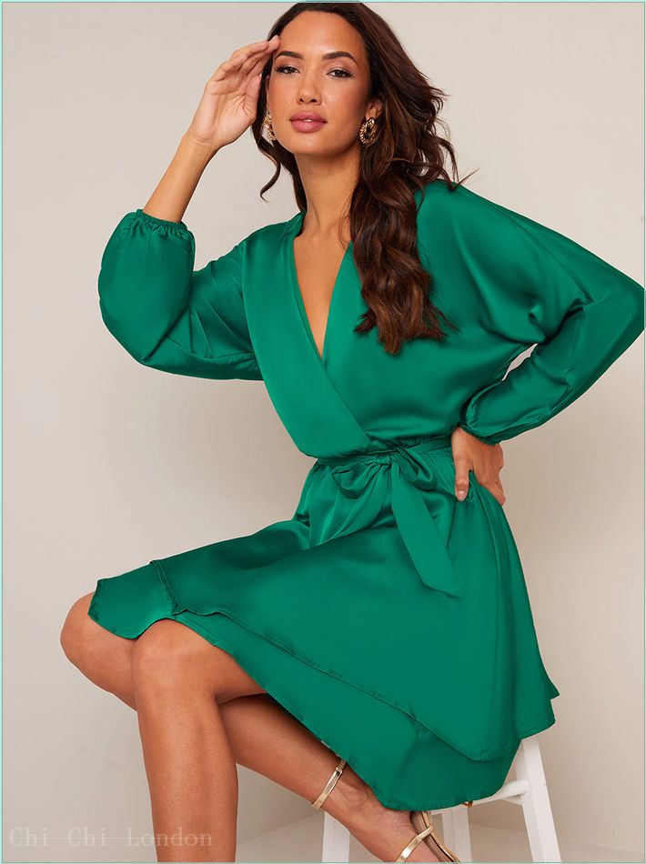  Long Sleeve Satin Wrap Dress in Green CT1063GN